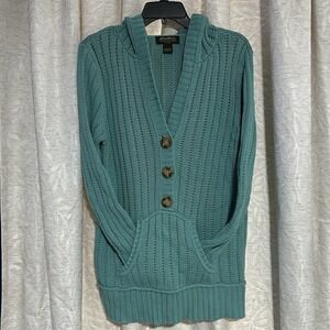 Vintage Eddie Bauer Cable Knit Button Front Hooded Cardigan Sweater L Turquoise‎
